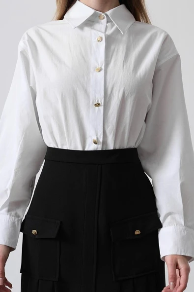 Pileli Kontrast Gömlek Elbise - Beyaz - Resim 3