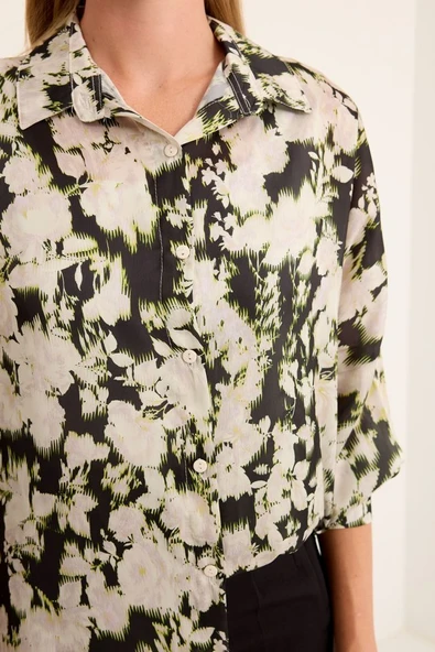 Yeşil Siyah Çiçek Desenli Oversize Saten Gömlek 3985 - 4