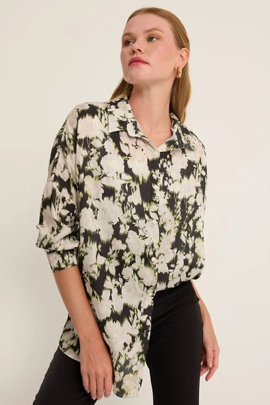 Yeşil Siyah Çiçek Desenli Oversize Saten Gömlek 3985 - 3