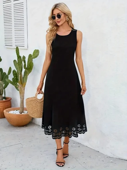 Kadın Kolsuz Etek Ucu Lazer Kesim çiçek Desenli Midi Boy Janjan Krep Elbise - Resim 3