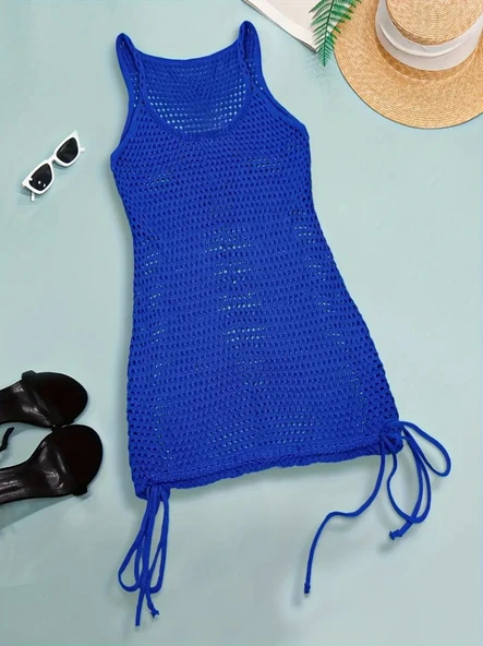 Kadın Askılı Eteği Büzgü Bağlama Detay Delikli örme Triko Pareo Elbise - Resim 9