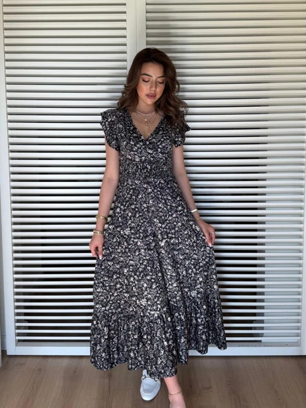 Kadın Kısa Kollu Kruvaze Yaka Beli Lastikli çiçek Desenli Elbise - Resim 3