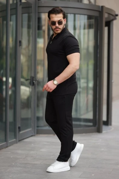 Erkek Kısa Kollu önden Fermuarlı Janjan Krep Tişört Ve Pantolon Ikili Takım - Resim 3