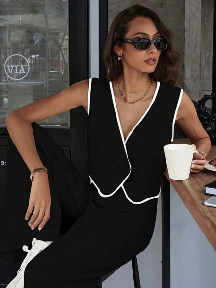 Kadın Kolsuz V Yakalı Düğmeli Ithal Krep Yelek Ve Pantolon Ikili Takım - Resim 4