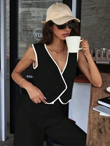 Kadın Kolsuz V Yakalı Düğmeli Ithal Krep Yelek Ve Pantolon Ikili Takım ürün görseli 1