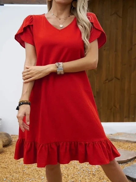 Kadın Kısa Kollu Bisiklet Yaka Fırfırlı Aerobin Elbise - Resim 2