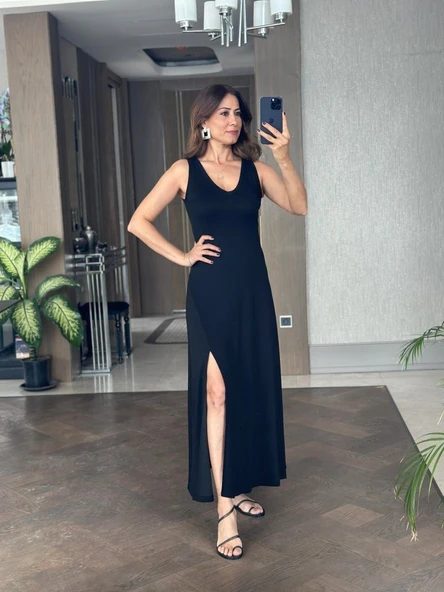 Kadın Askılı V Yakalı Yırtmaçlı Viskon Elbise - Resim 6