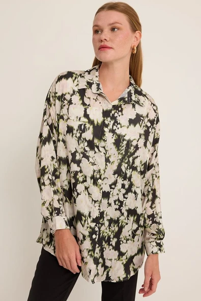 Yeşil Siyah Çiçek Desenli Oversize Saten Gömlek 3985 - 2
