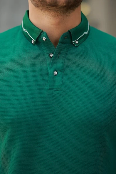 Erkek Düğmeli Yaka Waffle Kumaş Kısa Kollu Tişört - Resim 3