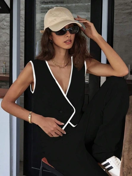 Kadın Kolsuz V Yakalı Düğmeli Ithal Krep Yelek Ve Pantolon Ikili Takım - Resim 3