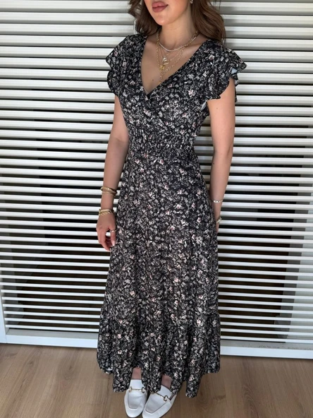 Kadın Kısa Kollu Kruvaze Yaka Beli Lastikli çiçek Desenli Elbise - Resim 2