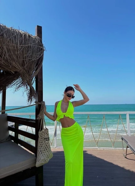 Kadın Mayo Kumaş Bağlamalı Crop Ve Maxi Boy Etek Ikili Takım - 5