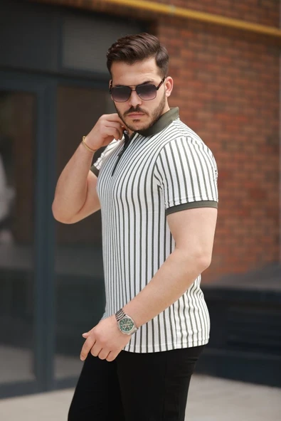 Erkek çizgili Fermuar Yakalı Kısa Kollu Tişört - Resim 2