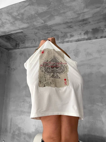 Erkek Ön Ve Arka Baskılı Oversize Bisiklet Yaka T-shirt - Beyaz - Resim 2