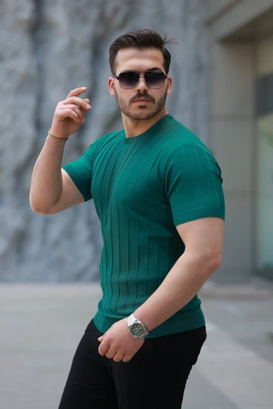 Erkek Kısa Kollu Bisiklet Yaka çizgili Triko Tişört - Resim 2