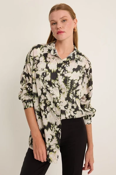 Yeşil Siyah Çiçek Desenli Oversize Saten Gömlek 3985 - 1