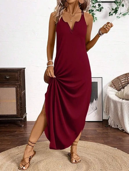 Kadın Askılı Yuvarlak Yaka Asimetrik Detaylı Viskon Elbise ürün görseli