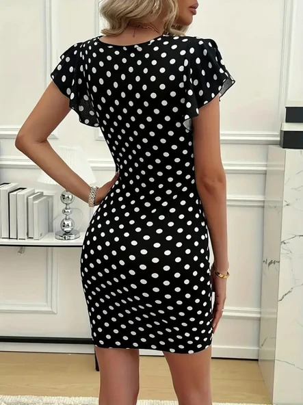 Kadın Kısa Kollu Kruvaze Yakalı örme Puantiyeli Krep Elbise - Resim 5