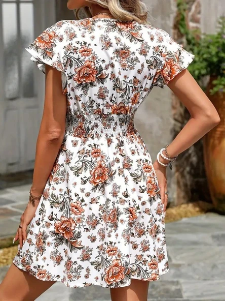 Kadın Kısa Kollu Kruvaze Yakalı çiçek Desenli Süprem Elbise - Resim 4