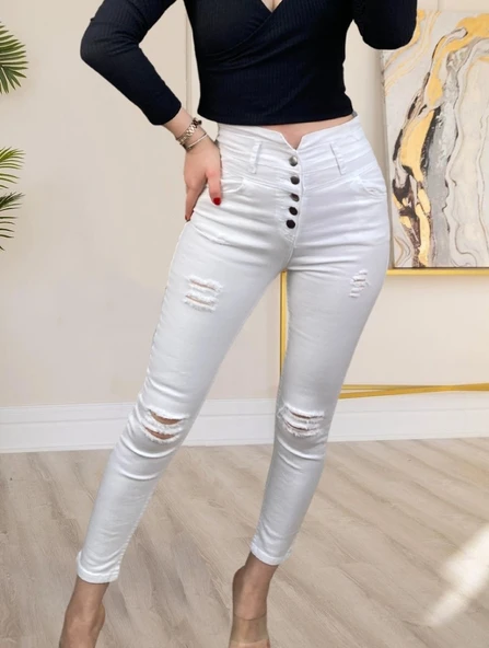 5 Düğmeli V Detay Bel Yırtık Kot - Resim 2