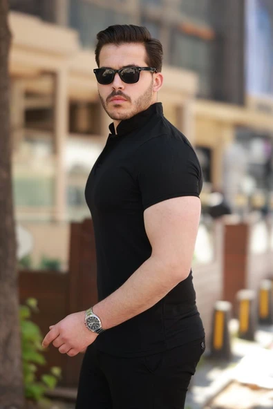 Erkek Hakim Yaka Dokuma Pamuklu Kumaş Kısa Kollu T-shirt - Resim 2