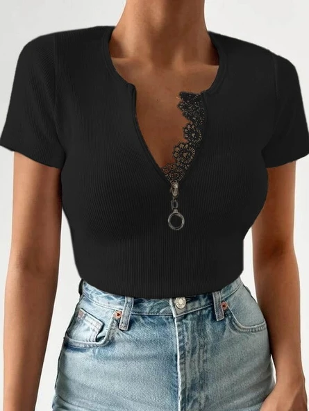 Kadın Beyaz Yaka Dantel Ve Fermuarlı Kaşkorse Bluz - Resim 2