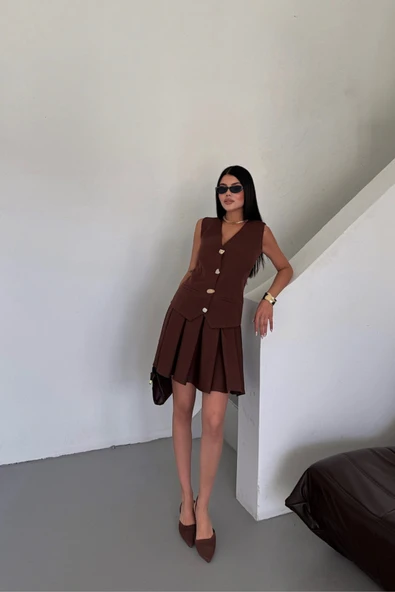 YELEK - PİLELİ ETEK GÖRÜNÜMLÜ ELBİSE - Kahverengi - 2