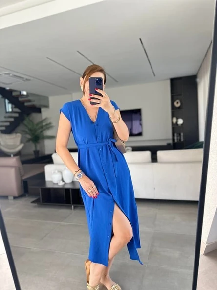 Kadınn V Yaka Düğme Detay Kuşak Dahil Elbise ürün görseli