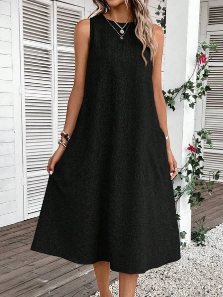 Kadın Kolsuz Bisiklet Yaka Cepli Midi Keten Elbise - Resim 2