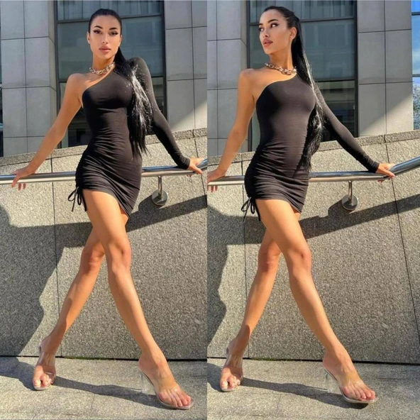 Kadın Omuz Dekolteli Asansör Büzgü Detay Fırsat ürün Mini Siyah Elbise - 3