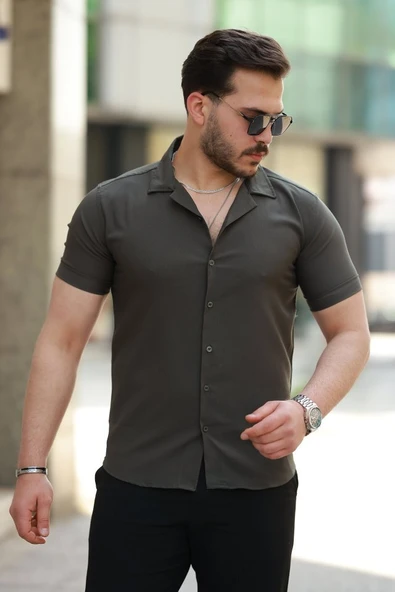 Erkek Apaj Yaka Kısa Kollu Gömlek - 1
