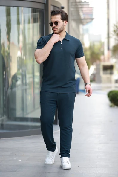 Erkek Yakalı Fermuarlı T-shirt Pantolon Ikili Rahat Takım ürün görseli