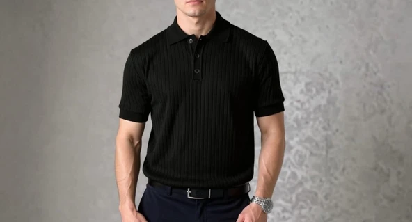 Erkek Kısa Kollu Yakalı Yakadan Düğmeli Triko Bluz - Resim 3