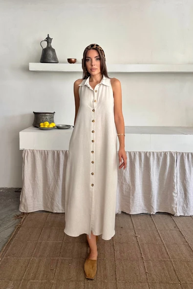 KETEN ÖNDEN DÜĞMELİ KOLSUZ GÖMLEK YAKA ELBİSE - Beyaz ürün görseli