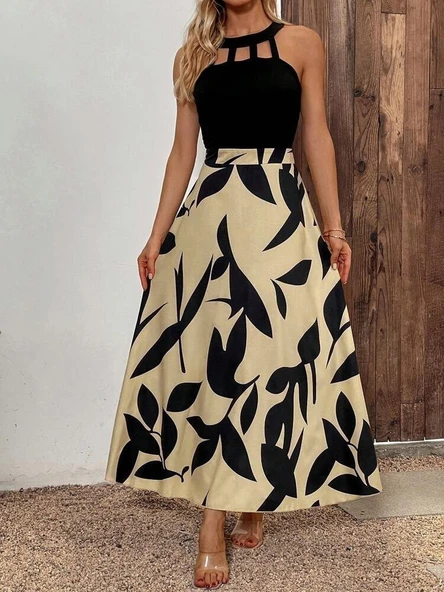 Kadın Sıfır Kollu Yakadan şeritli Omuzlardan Açık Janjan Krep Desenli Al Dalgıç Maxi Elbise - Resim 4