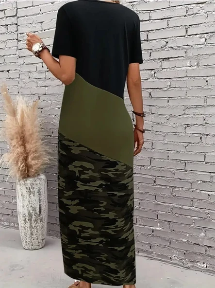 Kadın Kısa Kollu Bisiklet Yaka çok Renkli Maksi Viskon Elbise - Resim 4