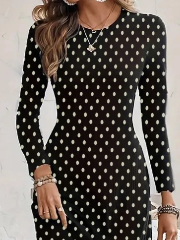 Kadın Uzun Kollu Bisiklet Yaka Puantiyeli örme Krep Midi Elbise - Resim 2