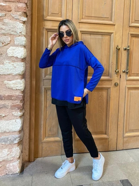 Kadın Kapşonlu Etek Ucu Detay Armalı Ters Dikiş Gorunumlu Ikili Takım - Resim 2