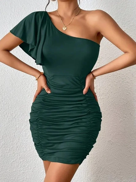 Kadın Tek Omuzu Açık Asimetrik Yaka Detaylı Büzgülü Sandy Elbise - Resim 2