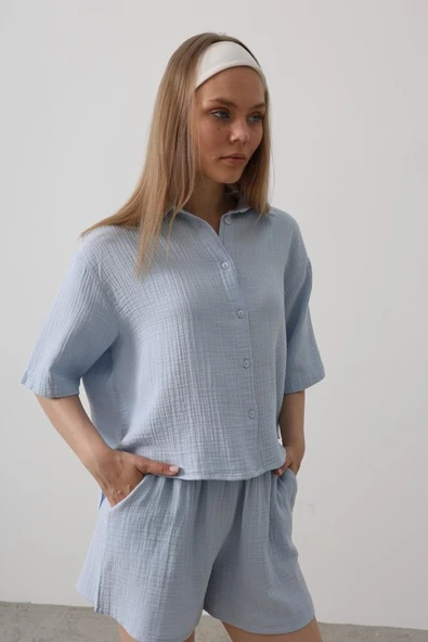 Yarım Kol Müslin Gömlek - Bebe Mavisi - Resim 2