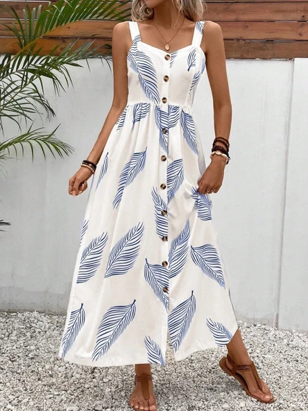 Kadın Askılı önden Düğmeli Yaprak Desenli Uzun Süprem Elbise - Resim 2