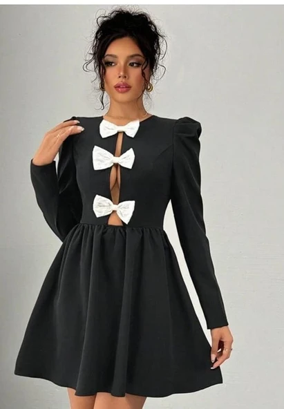 Kadın Dalgıç Kumaş Fiyonk Detaylı Uzun Kollu Mini Boy Elbise - Resim 9