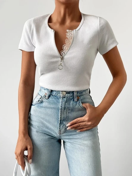 Kadın Beyaz Yaka Dantel Ve Fermuarlı Kaşkorse Bluz - Resim 3