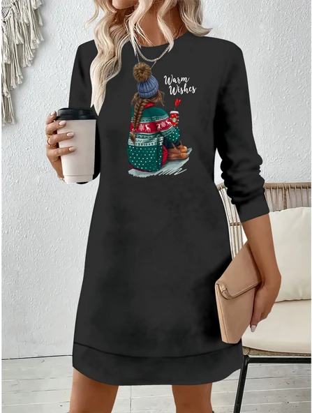 Kadın Uzun Kollu Bisiklet Yaka Desenli Viskon Iki Iplik Elbise ürün görseli