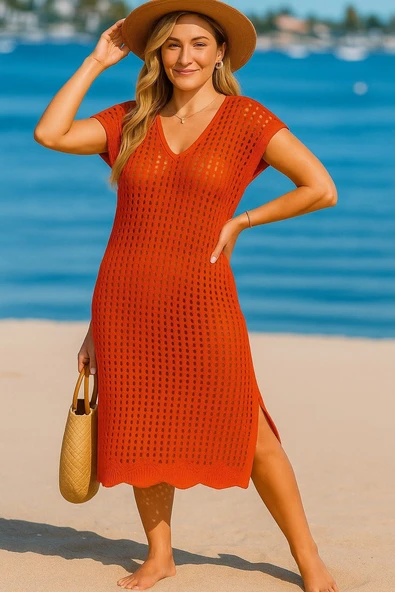 Kadın Sıfır Kol V Yaka Yanı Derin Yırtmaçlı Midi Boy Triko Elbise ürün görseli