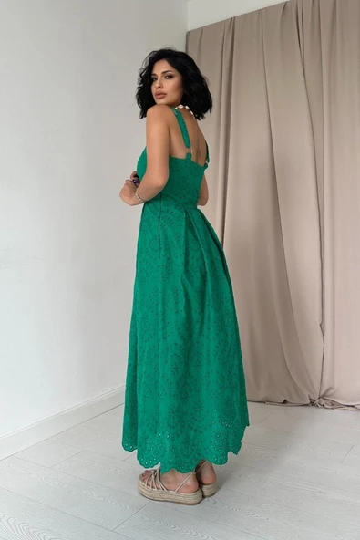 Yeşil Askılı Aparatlı Brode Elbise - Resim 4