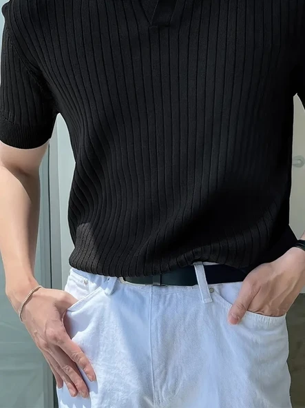 Erkek Kısa Kollu Yakalı Yakadan Düğmeli Triko Bluz - Resim 7