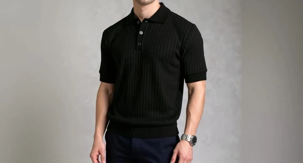 Erkek Kısa Kollu Yakalı Yakadan Düğmeli Triko Bluz - Resim 5