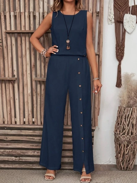 Kadın Kolsuz Düğmeli Asimetrik Detaylı Bürümcük Bluz Ve Pantolon Takım - Resim 3