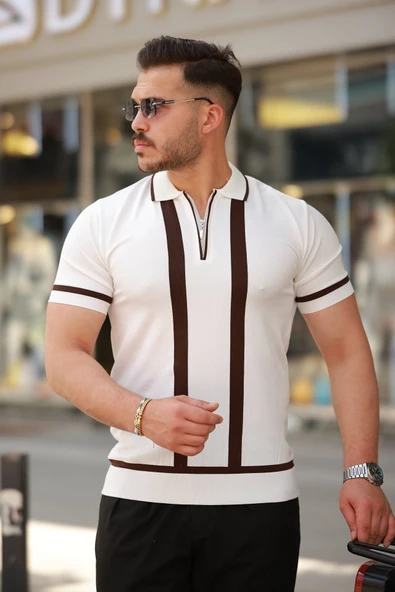 Erkek Fermuar Yakalı şerit Detaylı Kısa Kollu Tişört - Resim 4